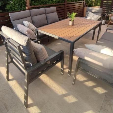 Nowoczesne meble ogrodowe metalowe z wysokimi oparciami - 2 sofy, 2 fotele, stół 160cm Doros Grande - Polywood Dark G