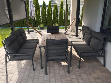 Nowoczesne meble ogrodowe metalowe z wysokimi oparciami - 2 sofy, 2 fotele, stół 160cm Doros Grande - Polywood Dark G