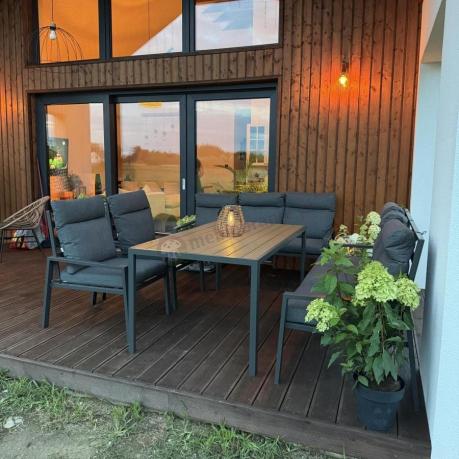 Nowoczesne meble ogrodowe metalowe z wysokimi oparciami - 2 sofy, 2 fotele, stół 160cm Doros Grande - Polywood Dark G