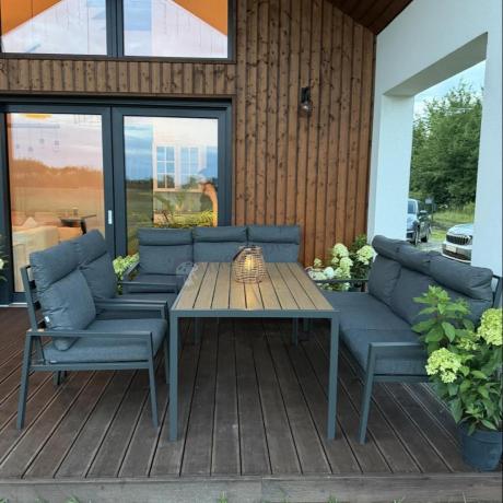 Nowoczesne meble ogrodowe metalowe z wysokimi oparciami - 2 sofy, 2 fotele, stół 160cm Doros Grande - Polywood Dark G