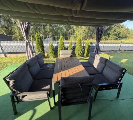 Nowoczesne meble ogrodowe metalowe z wysokimi oparciami - 2 sofy, 2 fotele, stół 160cm Doros Grande - Polywood Dark G