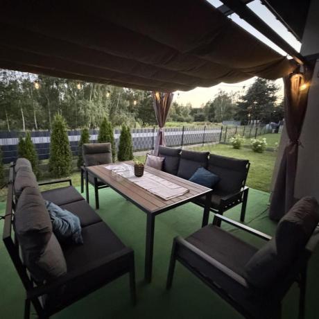 Nowoczesne meble ogrodowe metalowe z wysokimi oparciami - 2 sofy, 2 fotele, stół 160cm Doros Grande - Polywood Dark G