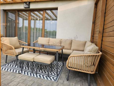 Nowoczesny beżowy narożnik ogrodowy 8 osób z fotelem, pufami i stołem 120cm Postigo Corner XL Nature
