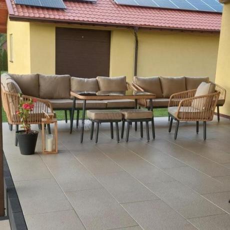 Nowoczesny beżowy narożnik ogrodowy 8 osób z fotelem, pufami i stołem 120cm Postigo Corner XL Nature