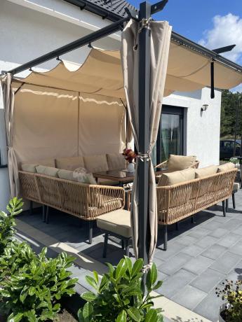 Nowoczesny beżowy narożnik ogrodowy 8 osób z fotelem, pufami i stołem 120cm Postigo Corner XL Nature