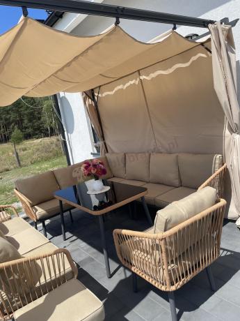Nowoczesny beżowy narożnik ogrodowy 8 osób z fotelem, pufami i stołem 120cm Postigo Corner XL Nature
