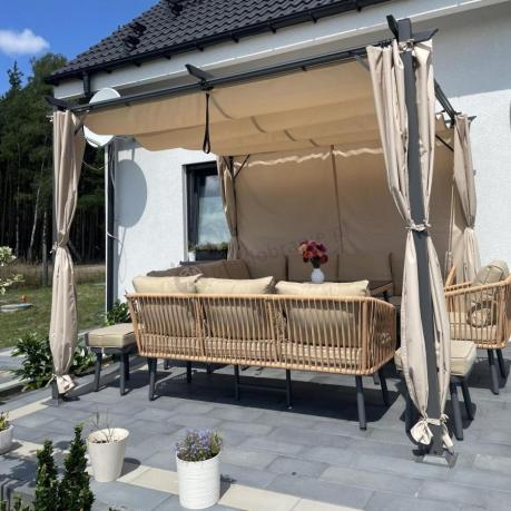 Nowoczesny beżowy narożnik ogrodowy 8 osób z fotelem, pufami i stołem 120cm Postigo Corner XL Nature