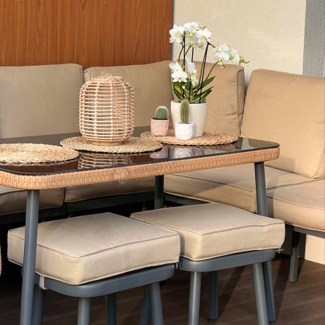 Nowoczesny beżowy narożnik ogrodowy 8 osób z fotelem, pufami i stołem 120cm Postigo Corner XL Nature