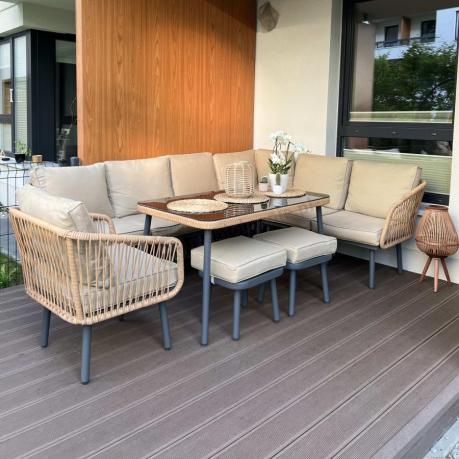Nowoczesny beżowy narożnik ogrodowy 8 osób z fotelem, pufami i stołem 120cm Postigo Corner XL Nature