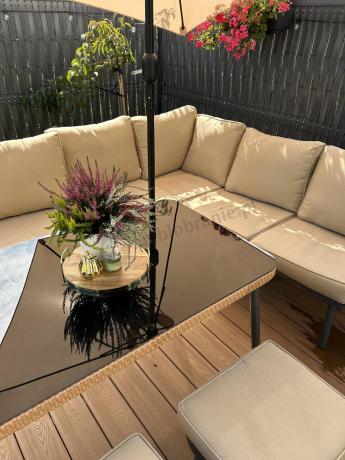 Nowoczesny beżowy narożnik ogrodowy 8 osób z fotelem, pufami i stołem 120cm Postigo Corner XL Nature