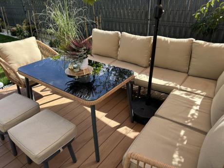 Nowoczesny beżowy narożnik ogrodowy 8 osób z fotelem, pufami i stołem 120cm Postigo Corner XL Nature