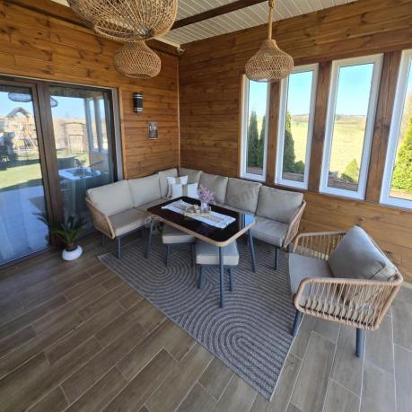 Nowoczesny beżowy narożnik ogrodowy 8 osób z fotelem, pufami i stołem 120cm Postigo Corner XL Nature