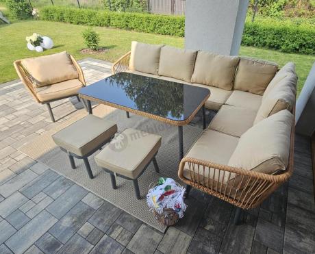 Nowoczesny beżowy narożnik ogrodowy 8 osób z fotelem, pufami i stołem 120cm Postigo Corner XL Nature