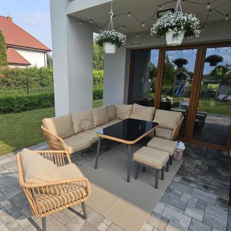 Nowoczesny beżowy narożnik ogrodowy 8 osób z fotelem, pufami i stołem 120cm Postigo Corner XL Nature
