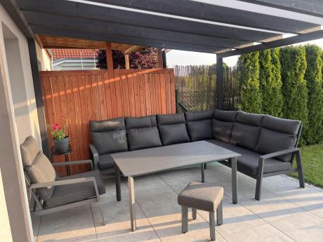 Nowoczesny grafitowy narożnik ogrodowy 278x215cm + fotel Renalo Corner