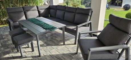 Nowoczesny grafitowy narożnik ogrodowy 278x215cm + fotel Renalo Corner
