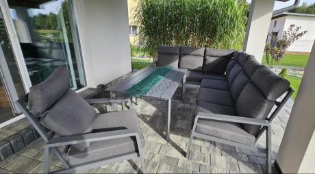 Nowoczesny grafitowy narożnik ogrodowy 278x215cm + fotel Renalo Corner