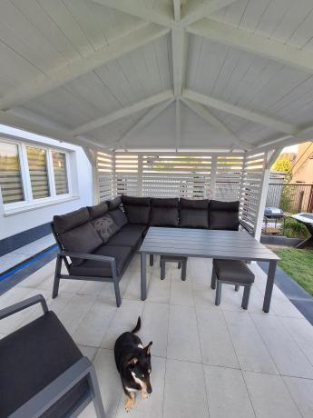 Nowoczesny grafitowy narożnik ogrodowy 278x215cm + fotel Renalo Corner