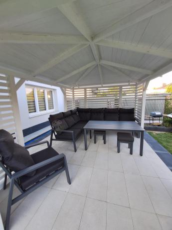 Nowoczesny grafitowy narożnik ogrodowy 278x215cm + fotel Renalo Corner