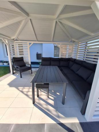 Nowoczesny grafitowy narożnik ogrodowy 278x215cm + fotel Renalo Corner