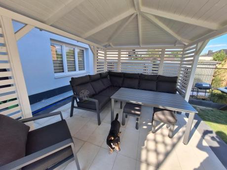 Nowoczesny grafitowy narożnik ogrodowy 278x215cm + fotel Renalo Corner