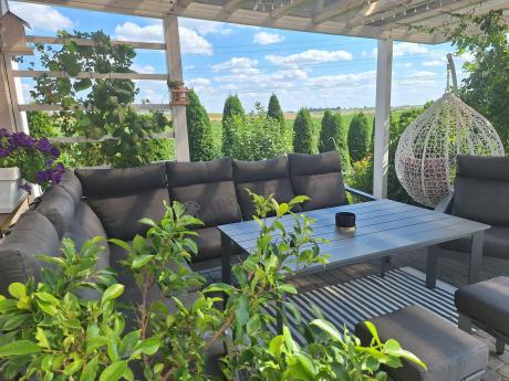 Nowoczesny grafitowy narożnik ogrodowy 278x215cm + fotel Renalo Corner