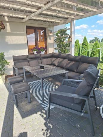Nowoczesny grafitowy narożnik ogrodowy 278x215cm + fotel Renalo Corner