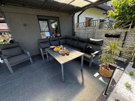 Nowoczesny grafitowy narożnik ogrodowy 278x215cm + fotel Renalo Corner