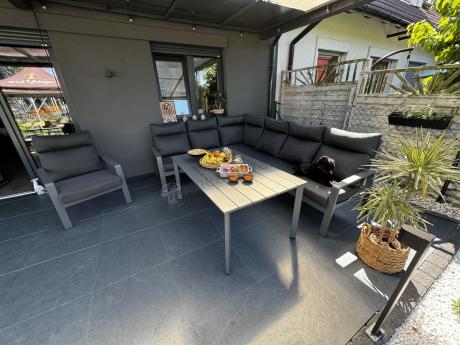 Nowoczesny grafitowy narożnik ogrodowy 278x215cm + fotel Renalo Corner