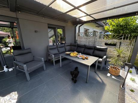 Nowoczesny grafitowy narożnik ogrodowy 278x215cm + fotel Renalo Corner