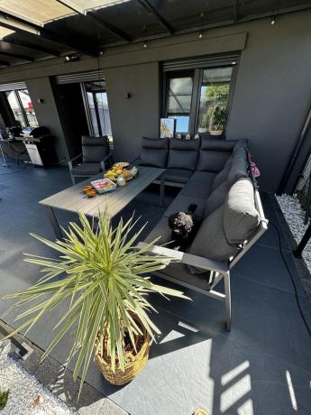 Nowoczesny grafitowy narożnik ogrodowy 278x215cm + fotel Renalo Corner