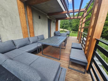 Nowoczesny grafitowy narożnik ogrodowy z ławą i wysokim stołem Panaon DG