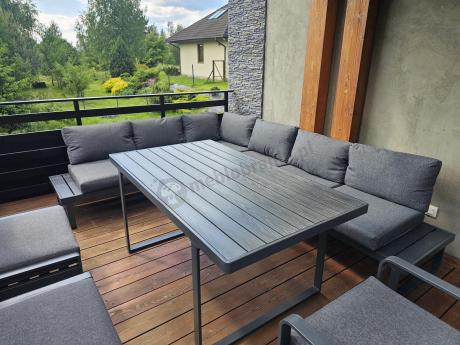 Nowoczesny grafitowy narożnik ogrodowy z ławą i wysokim stołem Panaon DG