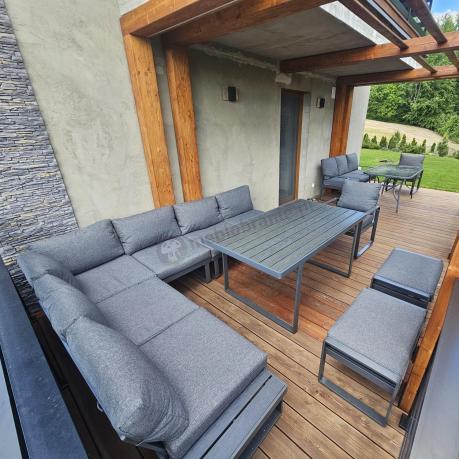 Nowoczesny grafitowy narożnik ogrodowy z ławą i wysokim stołem Panaon DG