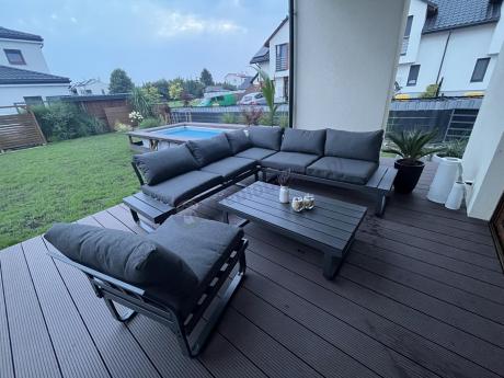 Nowoczesny grafitowy narożnik ogrodowy z ławą Panaon DG