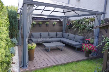 Nowoczesny grafitowy narożnik ogrodowy z ławą Panaon DG