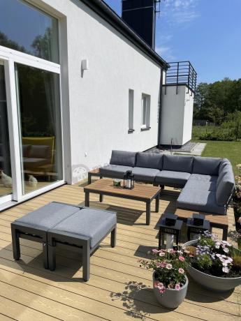 Nowoczesny narożnik modułowy na taras + pufy - Calamba Corner XL - Grey