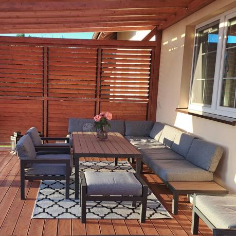 Nowoczesny narożnik na taras 283x222 cm z dwoma fotelami i pufami - Calamba Corner XL