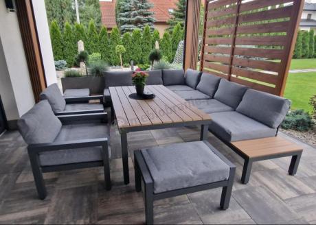 Nowoczesny narożnik na taras 283x222 cm z dwoma fotelami i pufami - Calamba Corner XL