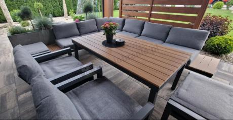 Nowoczesny narożnik na taras 283x222 cm z dwoma fotelami i pufami - Calamba Corner XL