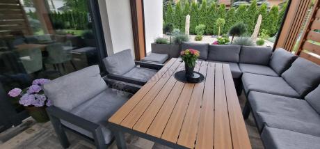 Nowoczesny narożnik na taras 283x222 cm z dwoma fotelami i pufami - Calamba Corner XL