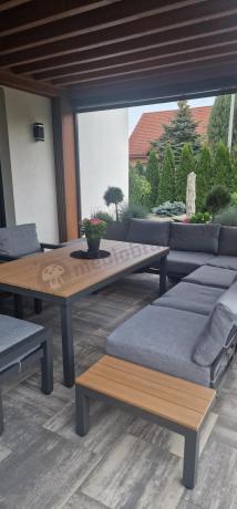Nowoczesny narożnik na taras 283x222 cm z dwoma fotelami i pufami - Calamba Corner XL