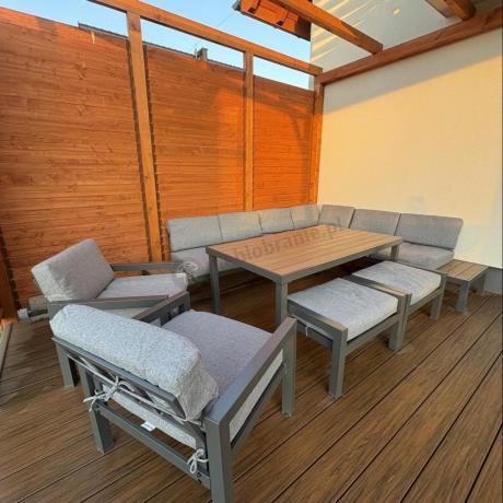 Nowoczesny narożnik na taras 283x222 cm z dwoma fotelami i pufami - Calamba Corner XL