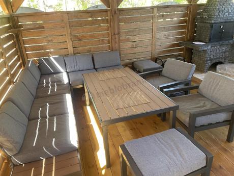 Nowoczesny narożnik na taras 283x222 cm z dwoma fotelami i pufami - Calamba Corner XL