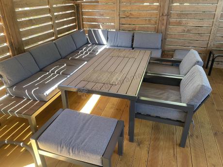 Nowoczesny narożnik na taras 283x222 cm z dwoma fotelami i pufami - Calamba Corner XL
