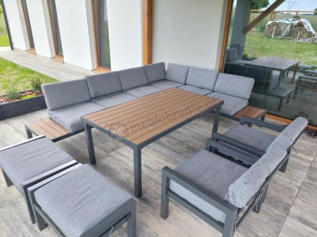 Nowoczesny narożnik na taras 283x222 cm z dwoma fotelami i pufami - Calamba Corner XL