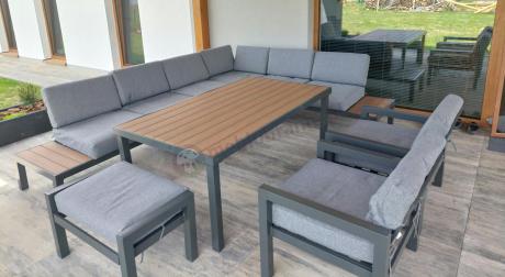 Nowoczesny narożnik na taras 283x222 cm z dwoma fotelami i pufami - Calamba Corner XL