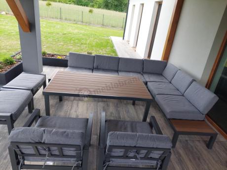 Nowoczesny narożnik na taras 283x222 cm z dwoma fotelami i pufami - Calamba Corner XL