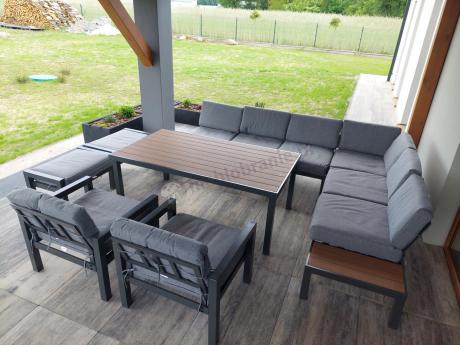 Nowoczesny narożnik na taras 283x222 cm z dwoma fotelami i pufami - Calamba Corner XL