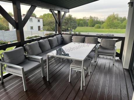 Nowoczesny narożnik ogrodowy z fotelami, pufami i stołem obiadowym 160cm Sodor Corner XL - Silver